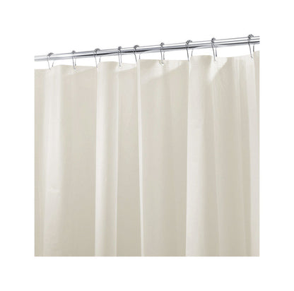 Beige Emery Jensen shower liner measuring 72x72 inches, lightweight fabric curtain for bathroom shower enclosure.