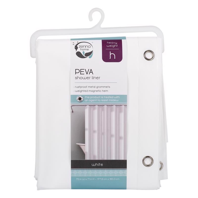 Emery Jensen heavy-duty white shower liner, waterproof fabric curtain for bathroom shower stalls, with reinforced top hem.