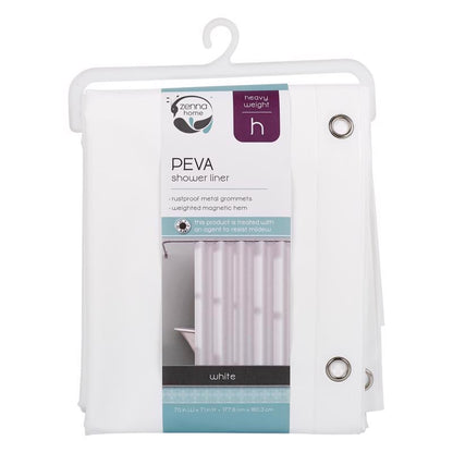 Emery Jensen heavy-duty white shower liner, waterproof fabric curtain for bathroom shower stalls, with reinforced top hem.