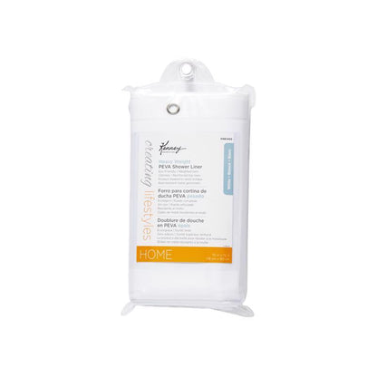 Emery Jensen Showr Curtain Heavy Weight Shower Liner hanging in a bathroom with hooks, durable fabric for water resistance.