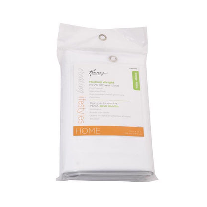 Emery Jensen SHOWR CURTN MD weight shower curtain hanging in bathroom with fabric texture and waterproof material.