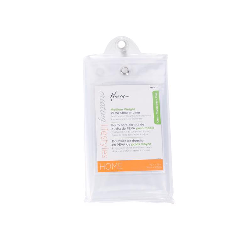 Emery Jensen shower curtain with medium weight, clear design, showcasing a transparent fabric for bathroom decor.