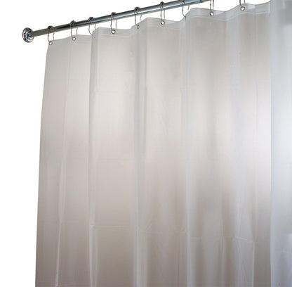 Emery Jensen shower curtain with extra-long length made of EVA material, featuring a clear design for bathroom privacy and style.