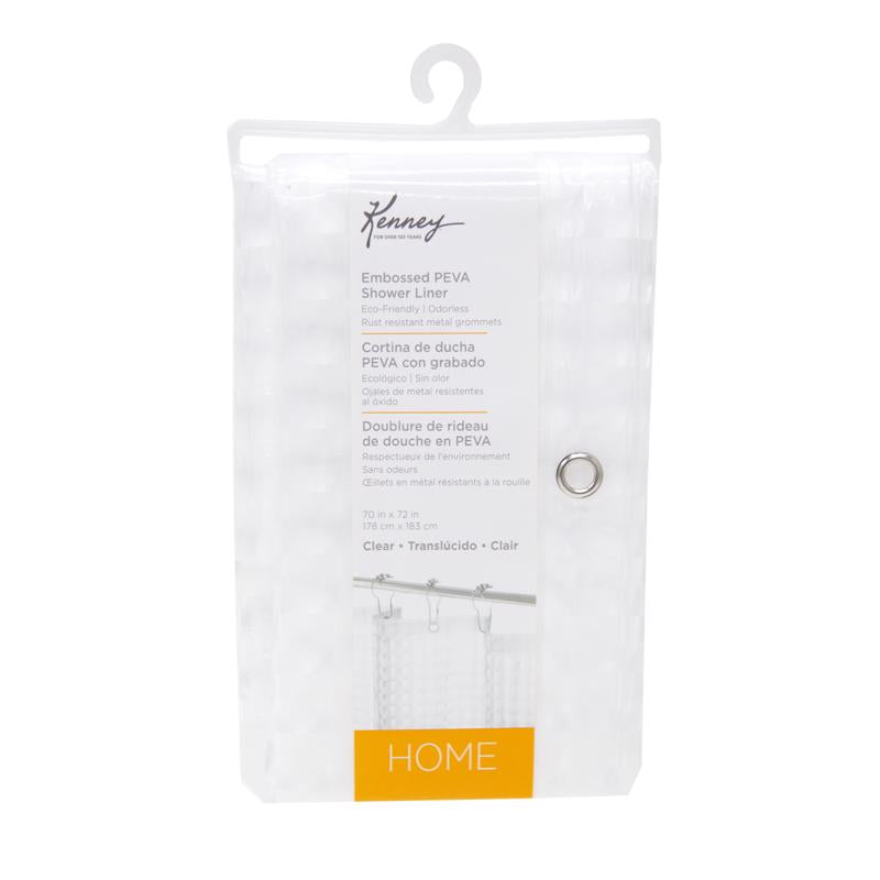 Emery Jensen shower curtain liner with embroidered clear design, hanging inside a modern bathroom.
