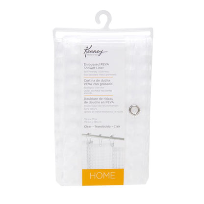 Emery Jensen shower curtain liner with embroidered clear design, hanging inside a modern bathroom.