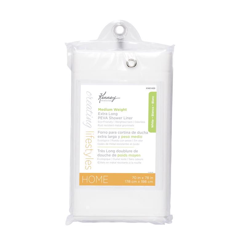 Emery Jensen 78-inch shower liner, waterproof fabric with reinforced grommets, for bathroom shower enclosure.
