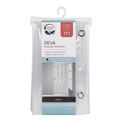 Emery Jensen clear shower liner, 78x54 inches, made of waterproof material, hanging in a bathroom shower stall.