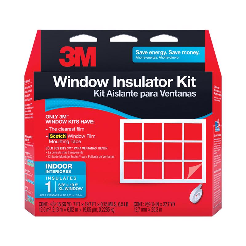 Emery Jensen oversize shrink window film kit showing clear window film and installation tools for DIY window insulation.