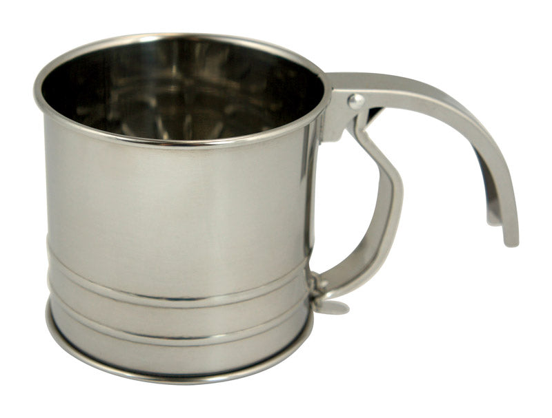Emery Jensen stainless steel flour sifter with 1-cup capacity, designed for baking and kitchen use.