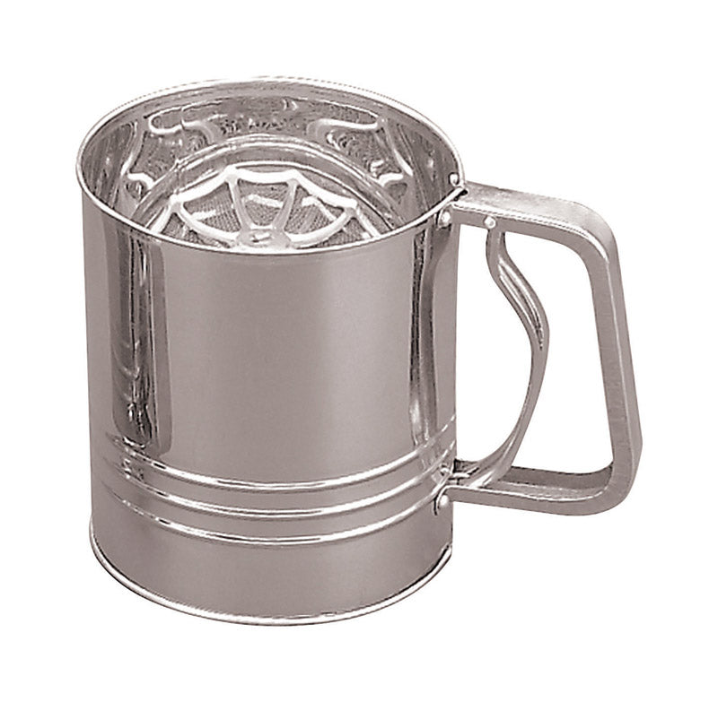 Emery Jensen 4-cup stainless steel flour sifter for baking and kitchen use, with a handheld design and mesh sifting surface.