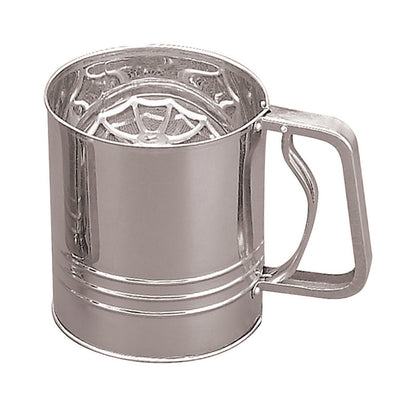 Emery Jensen 4-cup stainless steel flour sifter for baking and kitchen use, with a handheld design and mesh sifting surface.