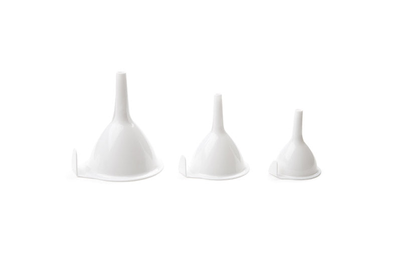 Set of three white plastic kitchen funnels by Emery Jensen, ideal for pouring liquids and transferring ingredients.