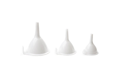 Set of three white plastic kitchen funnels by Emery Jensen, ideal for pouring liquids and transferring ingredients.