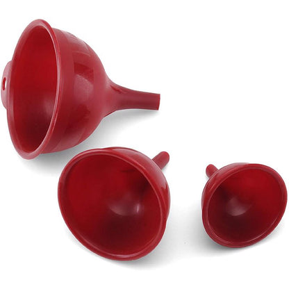 Red plastic funnel set from Emery Jensen, including various sizes for kitchen and cooking use.