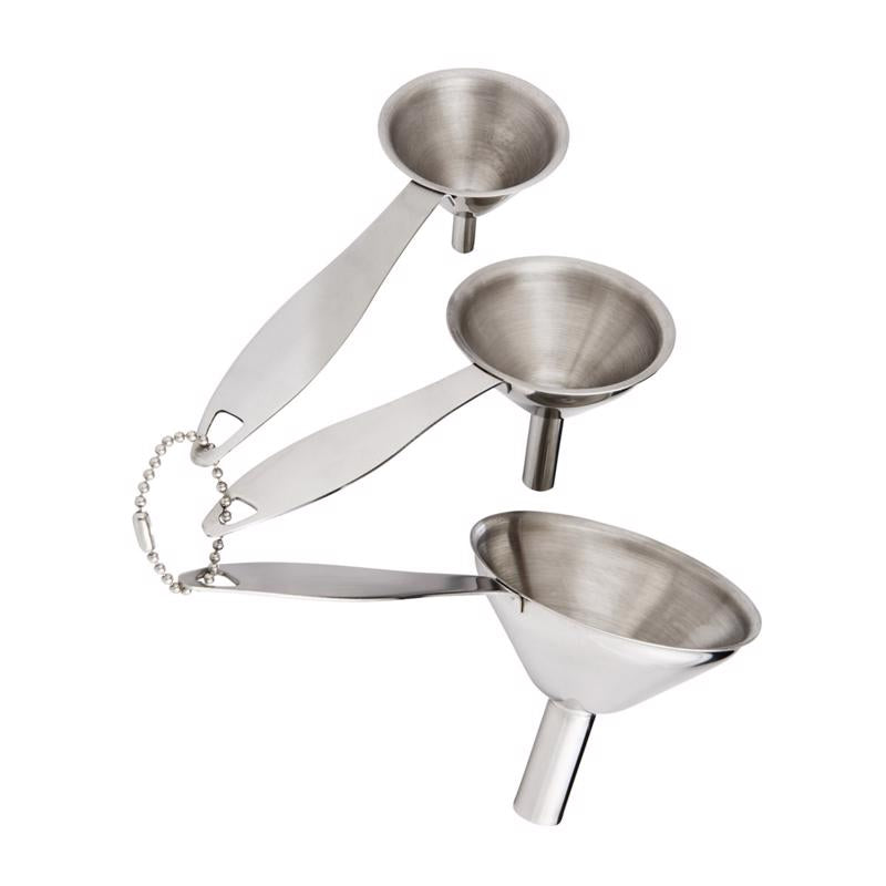 Set of three Emery Jensen stainless steel kitchen funnels with handles, ideal for pouring liquids and dry ingredients.