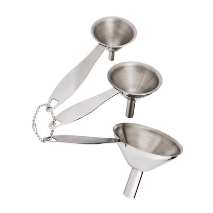 Set of three Emery Jensen stainless steel kitchen funnels with handles, ideal for pouring liquids and dry ingredients.