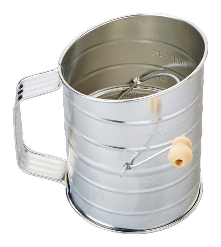Emery Jensen tin sifter with crank handle, 3-cup capacity, designed for baking and kitchen use.