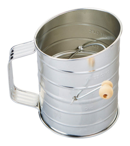 Emery Jensen tin sifter with crank handle, 3-cup capacity, designed for baking and kitchen use.