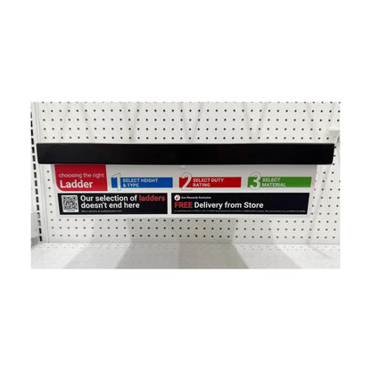 Emery Jensen ladder undershelf graphic signage holder for displays and organization, shown on a retail shelf.