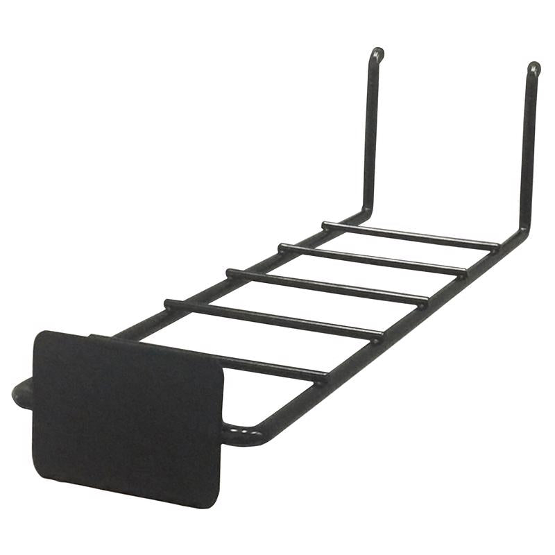 Small black shelf bracket holder from Emery Jensen, designed for signage and sign holders, shown in a close-up view.