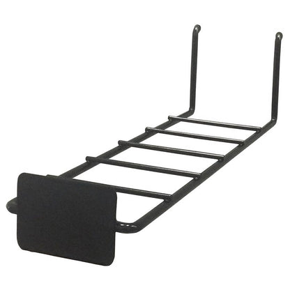 Small black shelf bracket holder from Emery Jensen, designed for signage and sign holders, shown in a close-up view.