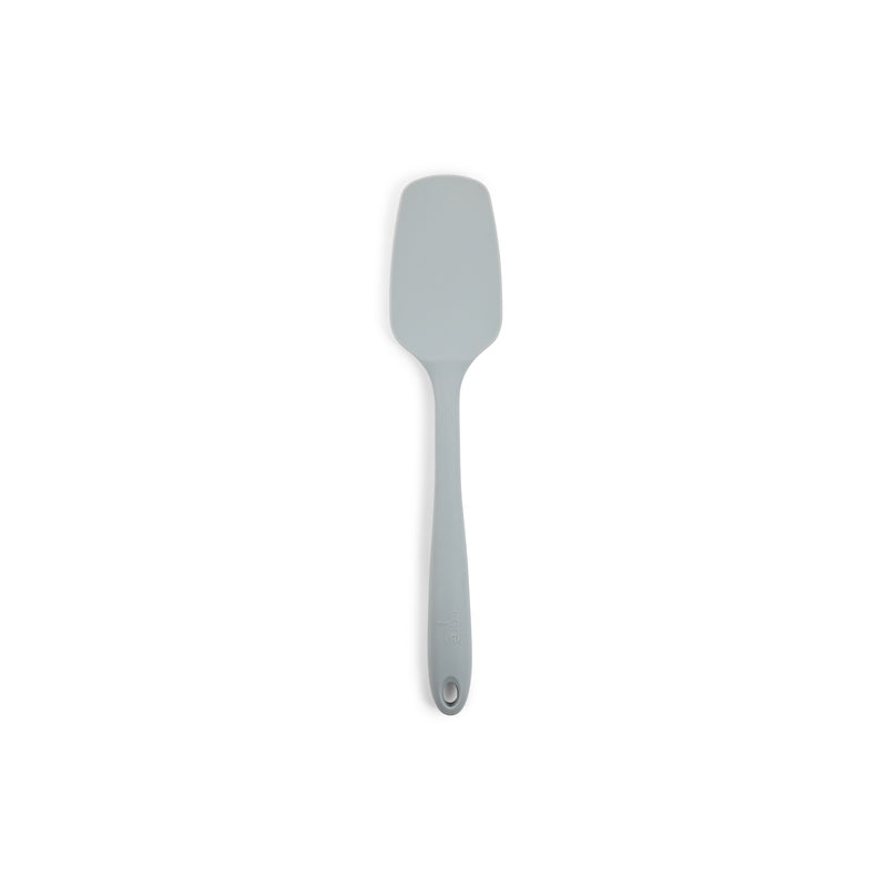 All-pur silicone spatula by Emery Jensen, silver-colored kitchen utensil for mixing and stirring in cooking and baking.