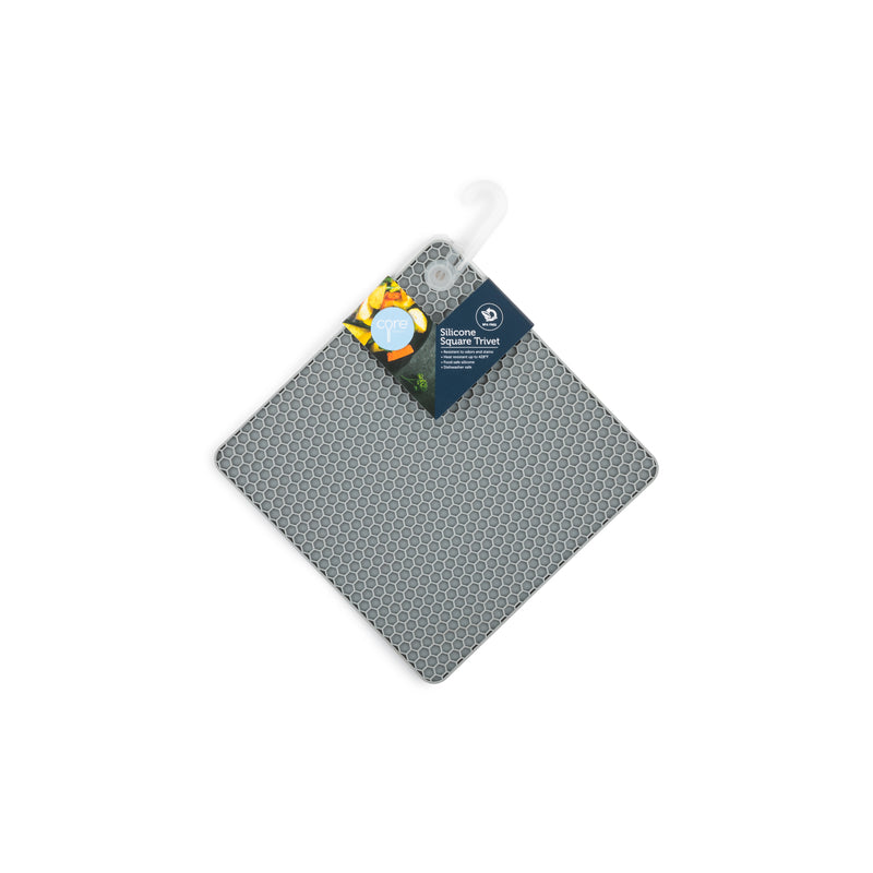 Emery Jensen silicone square trivet with textured surface, heat-resistant silicone material for protecting countertops.