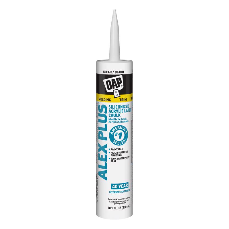 Emery Jensen Alex+ CLR siliconized acrylic caulk, 10.1oz, pack of 12, suitable for sealing and filling gaps in various surfaces.