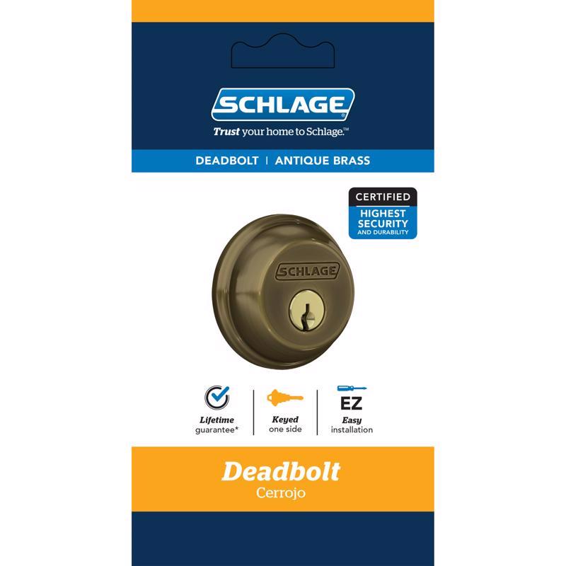 Emery Jensen single cylinder deadbolt lock with brass finish, keyhole and thumb turn for secure door access.