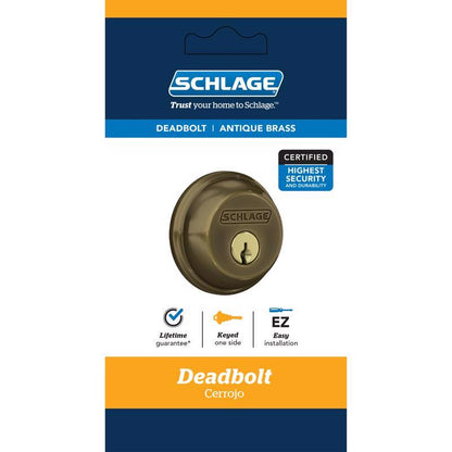 Emery Jensen single cylinder deadbolt lock with brass finish, keyhole and thumb turn for secure door access.