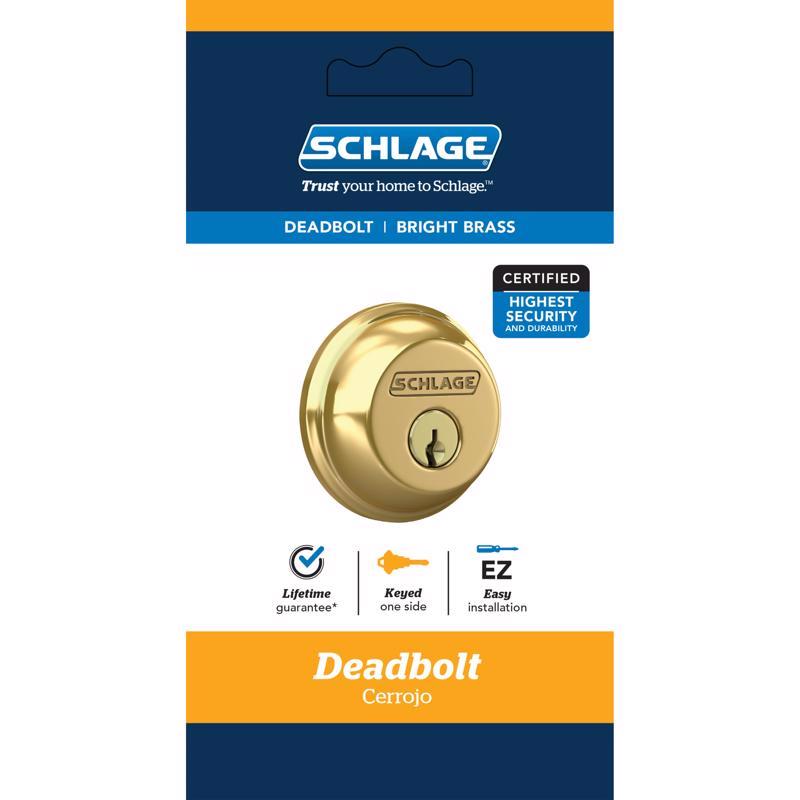 Emery Jensen single cylinder deadbolt lock with brass finish, featuring keyhole and sturdy metal construction.