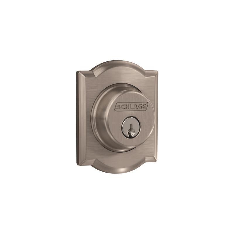 Emery Jensen single cylinder deadbolt lock, silver finish, with keyhole and latch mechanism visible.