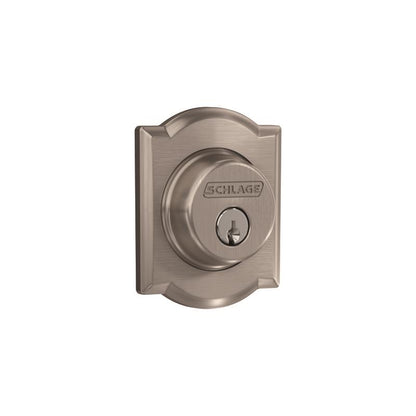 Emery Jensen single cylinder deadbolt lock, silver finish, with keyhole and latch mechanism visible.