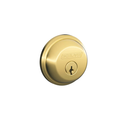 Emery Jensen single cylinder deadbolt with polished brass finish, featuring a key lock and sturdy metal construction.