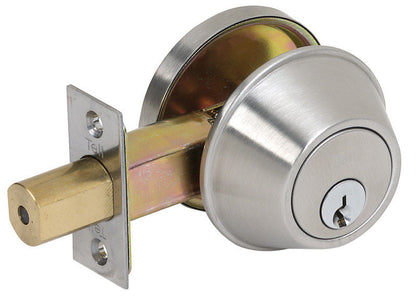 Emery Jensen single cylinder deadbolt lock US32D with key entry, installed on a door for security and durability.