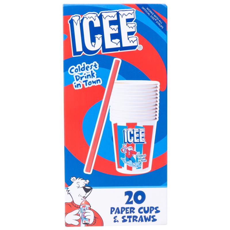 Single serve paper cups with matching paper straws by Emery Jensen, perfect for beverages and convenient use.