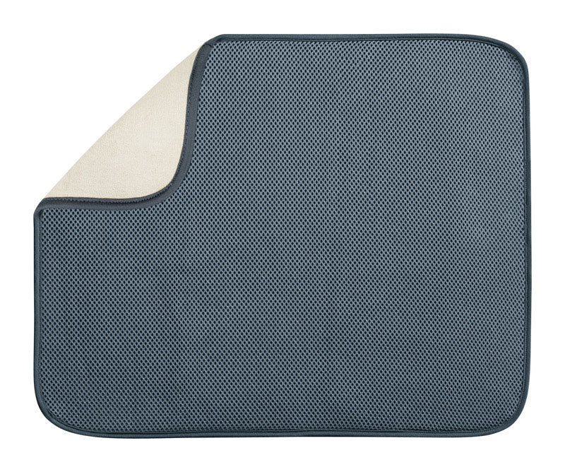 Emery Jensen sinkware drying mat in large size, blue and white, designed for drying dishes and utensils on kitchen counters.