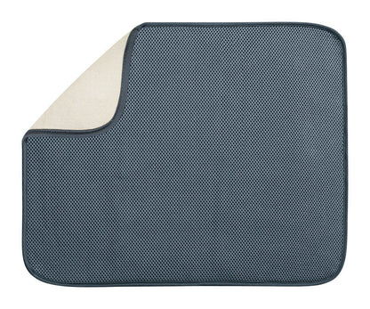 Emery Jensen sinkware drying mat in large size, blue and white, designed for drying dishes and utensils on kitchen counters.
