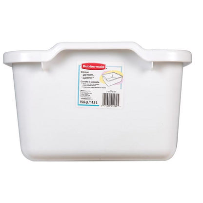 White dish pan from Emery Jensen Sinkware, 15.6-quart capacity, ideal for washing and food prep in commercial kitchens.