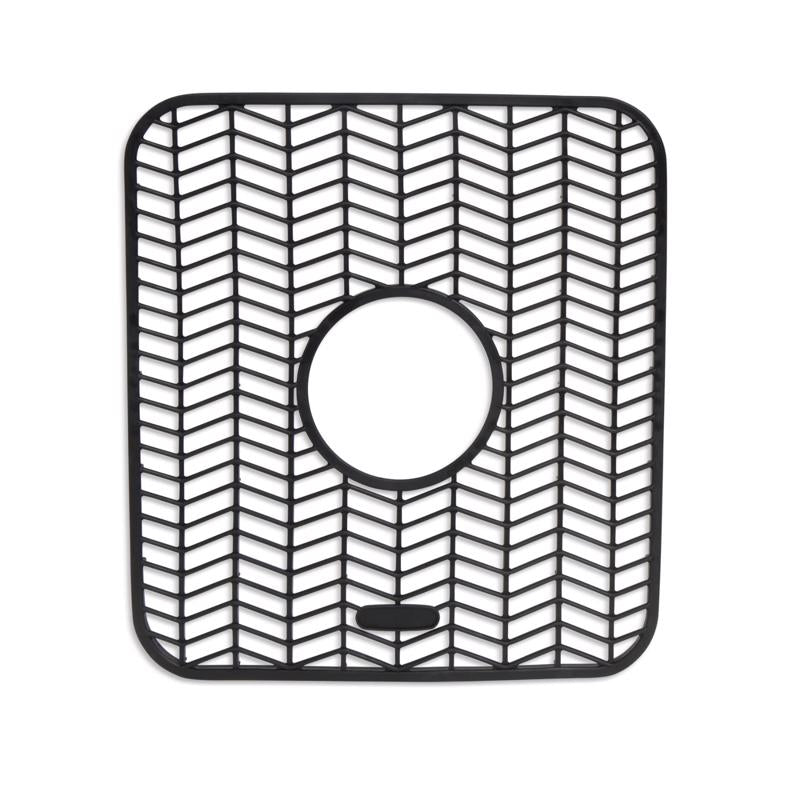 Black silicone sink mat from Emery Jensen Sinkware, 13-inch size, protects sink surfaces and prevents scratches.