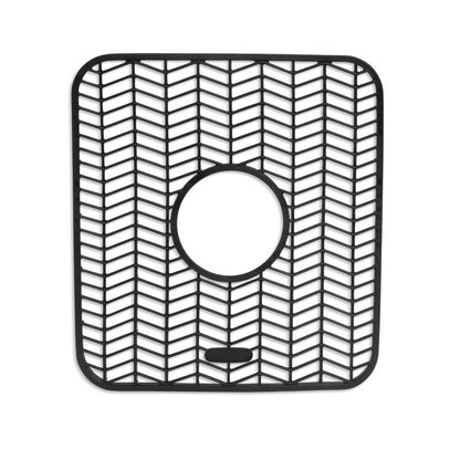 Black silicone sink mat from Emery Jensen Sinkware, 13-inch size, protects sink surfaces and prevents scratches.
