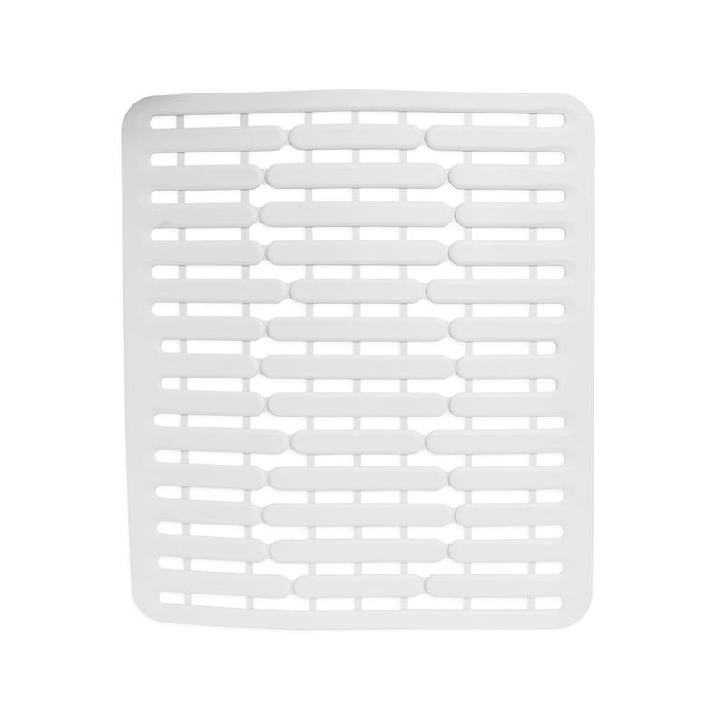 White 13-inch silicone sink mat from Emery Jensen Sinkware, protects sink surfaces and provides a non-slip base.