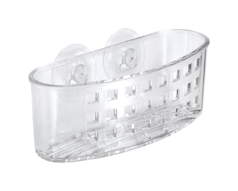 Emery Jensen sinkware sponge and scrubber holder in clear, mounted on kitchen sink or countertop for organizing cleaning tools.
