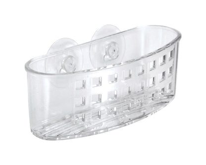 Emery Jensen sinkware sponge and scrubber holder in clear, mounted on kitchen sink or countertop for organizing cleaning tools.