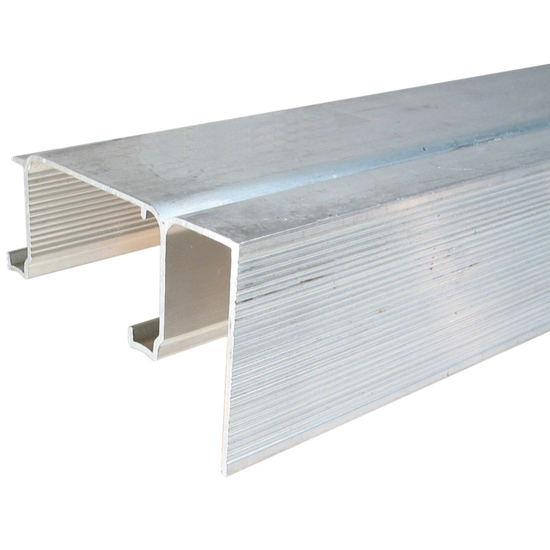 Emery Jensen bypass fascia track for sliding doors, 48 inches long, shown in a close-up of the metal track with mounting hardware