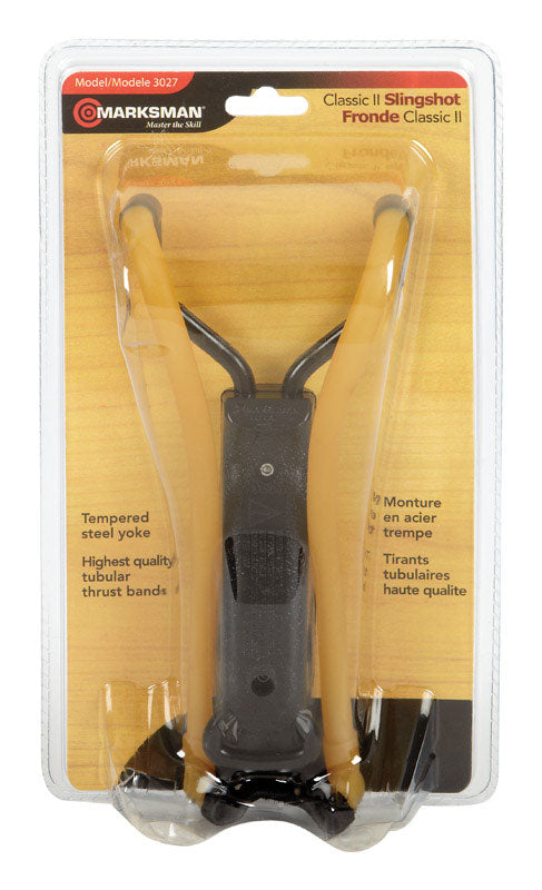 Emery Jensen Slingshot Classic II with wooden frame and rubber band, designed for target shooting and outdoor use.