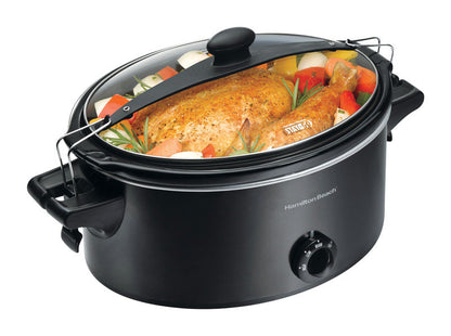 Black 6-quart Emery Jensen slow cooker with a sleek design, perfect for preparing meals effortlessly.
