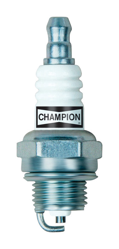 Emery Jensen Champion Spark Plug RCJ8Y for small engines, showing the metal tip and ceramic insulator in a close-up image.