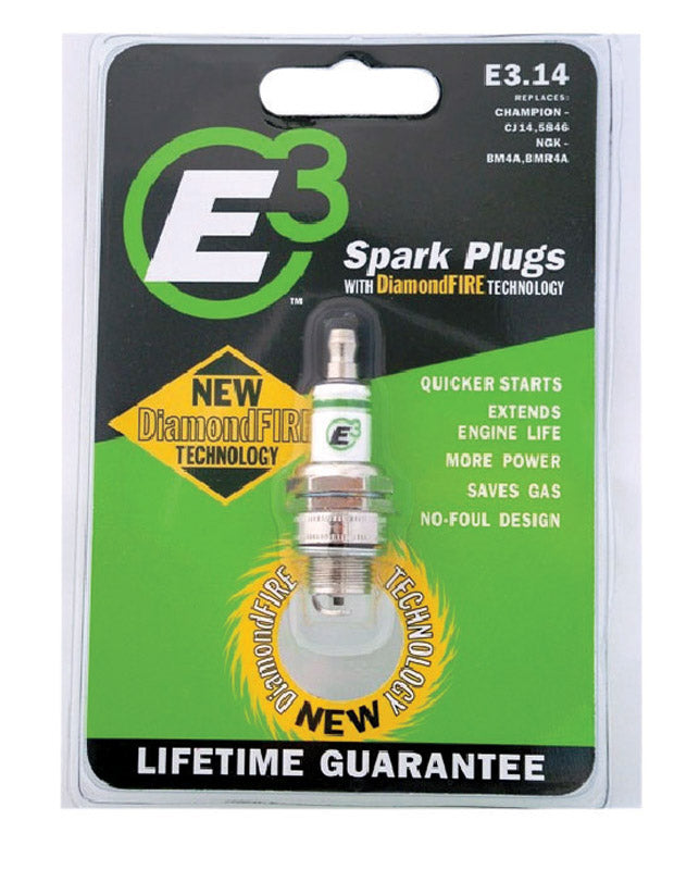 Emery Jensen E3.14 L&g small engine spark plug with metal shell and ceramic insulator, used for outdoor power equipment.