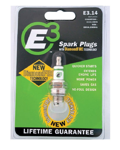 Emery Jensen E3.14 L&g small engine spark plug with metal shell and ceramic insulator, used for outdoor power equipment.